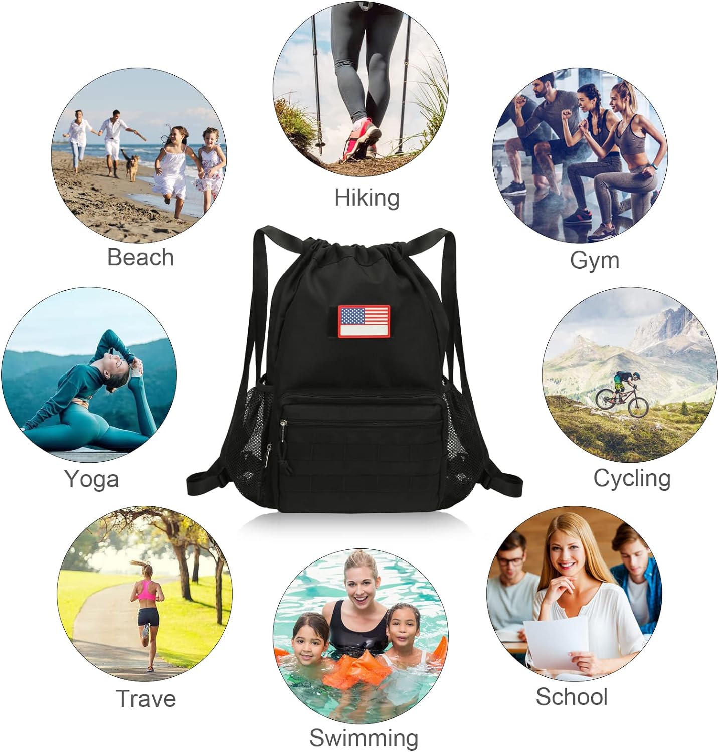 ATRIPACK Tactical Drawstring Backpack， Water-Resistant Swim Bag String Bag Sandproof Beach Backbag American Flag Cinch Sack Bookbag for Men Women Boys Girls Basketball，Swim， Gym， Sports (Black) - Image 4